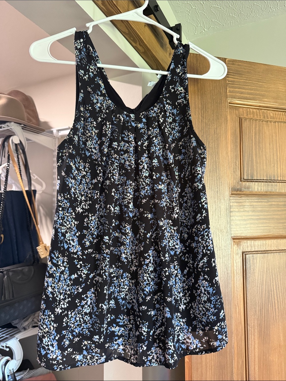 Elle Black Floral Sleeveless Blouse with Blue and White Print